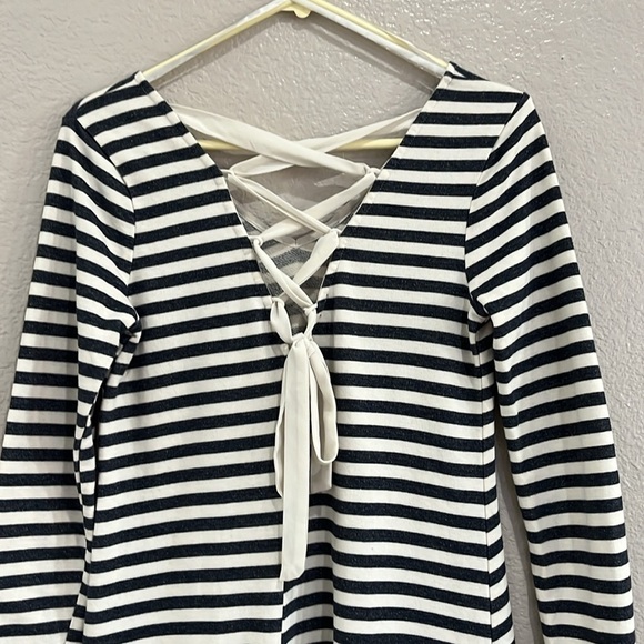 J For Justify Womens Sweater Dress Mini Striped Navy Blue Cream Sz M Cruise wear - Picture 7 of 8